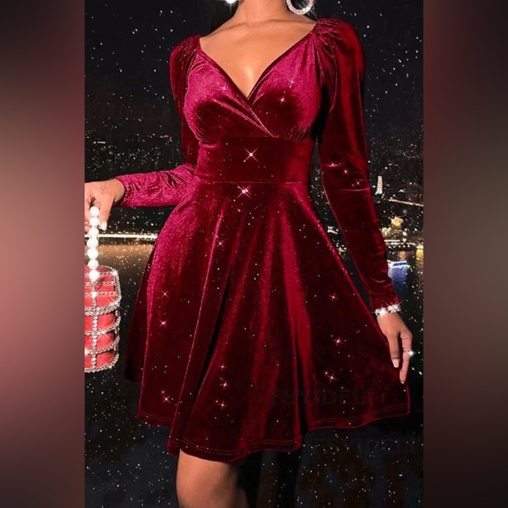 Moxidress V Neck High Waist Velvet Swing Dress